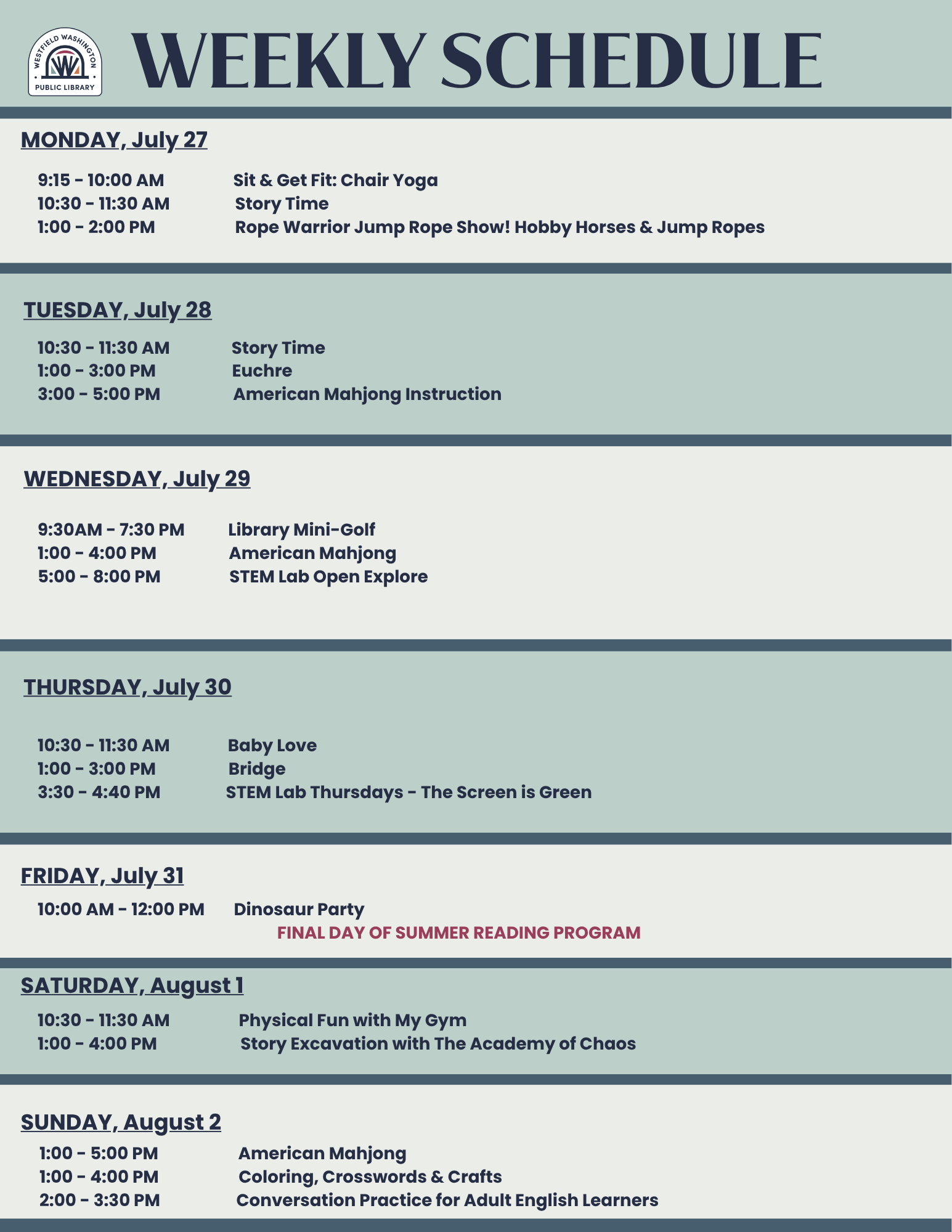 Weekly schedule from July 27th through August 2nd, 2026